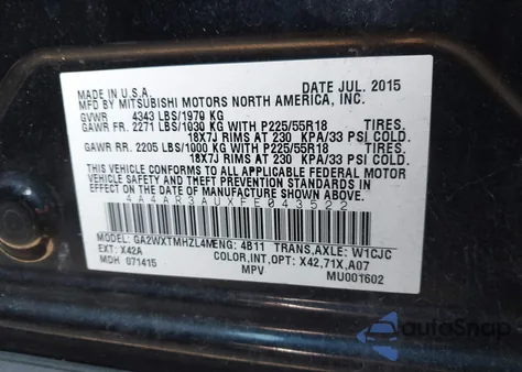 2015 Mitsubishi Outlander Sport Es z USA, uszkodzony, nr VIN 4A4AR3AUXFE043522